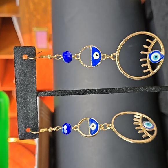 Elegant Gold Tone Blue Evil Eye Earrings - Picture 15 of 15